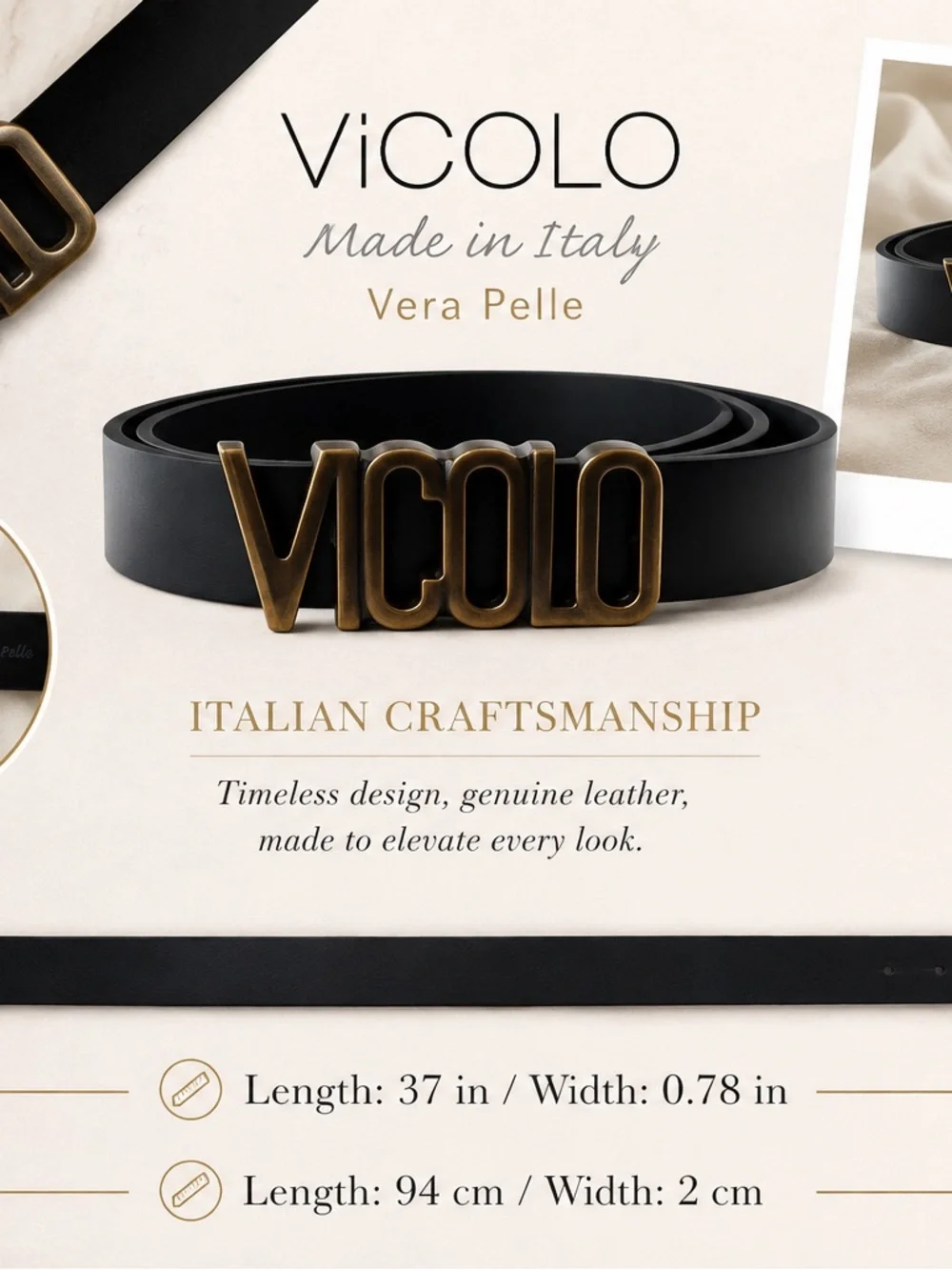 Vicolo Made in Italy Black Leather Belt with Brass Logo Buckle
